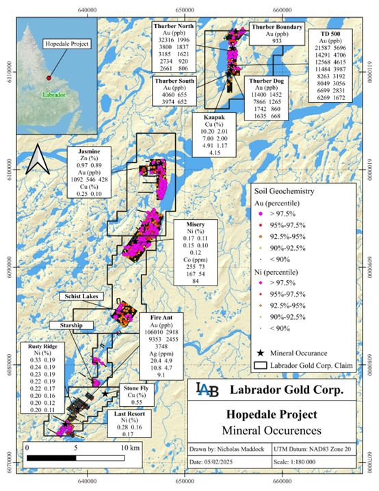 Location of gold, nickel, copper, and zinc occurrences on the Hopedale Property.