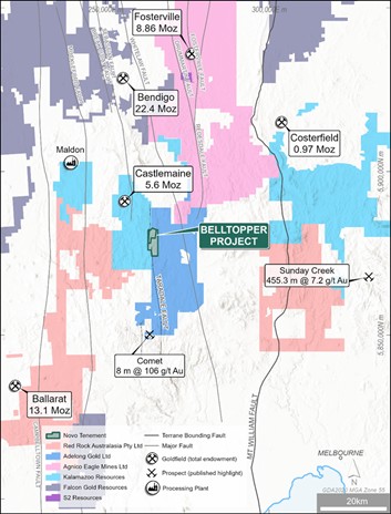 Belltopper Gold Project location map with regional gold occurrences and major structures.