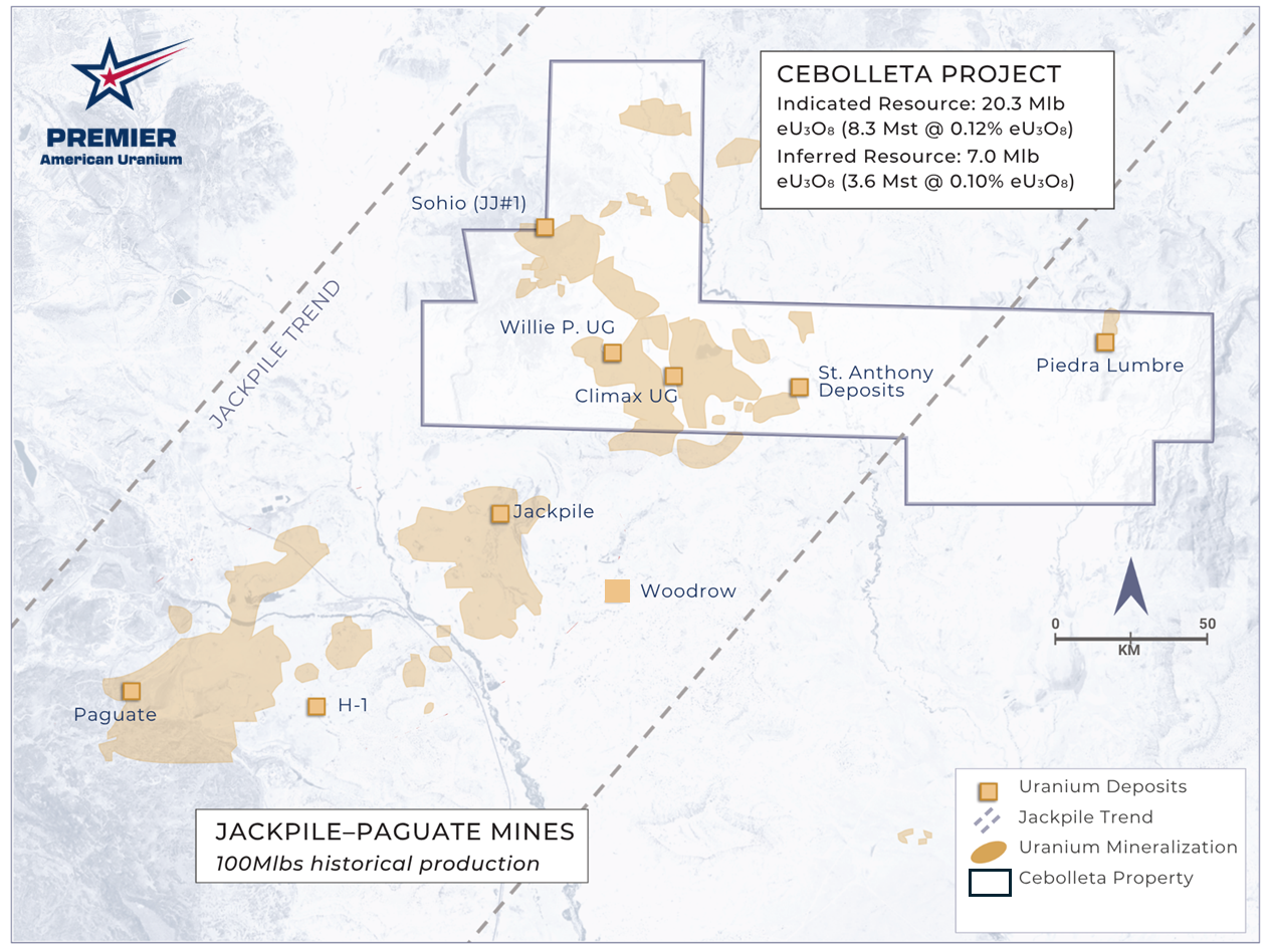 Figure 1: Plan View Map of the Cebolleta Uranium Project and Uranium Deposits. See Qualified Person Statement for Additional Details.