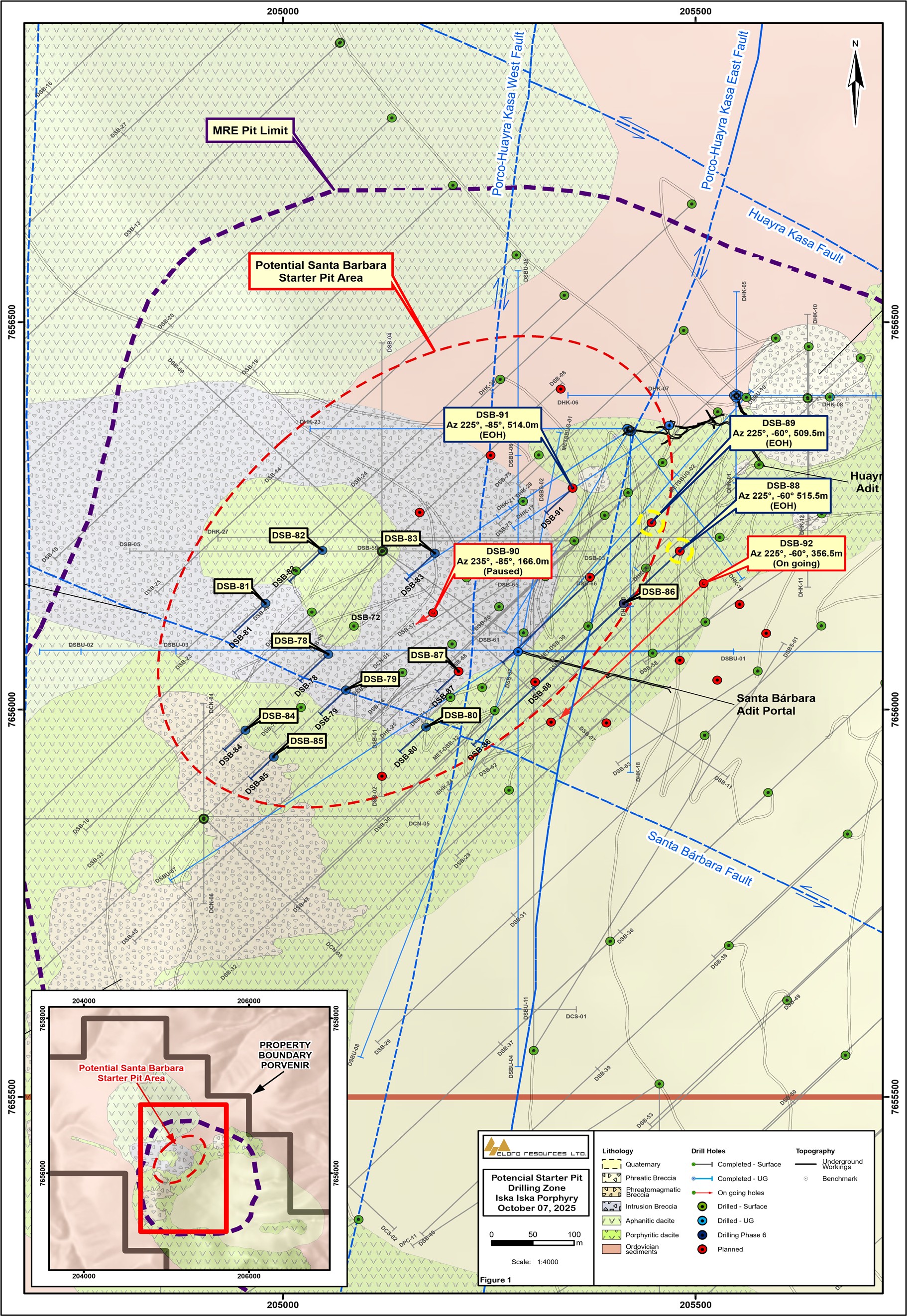 Location Map of Definition Diamond Drill Holes, Santa Barbara zone, Iska Iska. The yellow circles highlight the location of holes DSB-88 and DSB-89 referred to in this release.