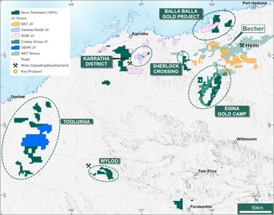 Novo Pilbara and Onslow District Tenure showing priority gold prospects.