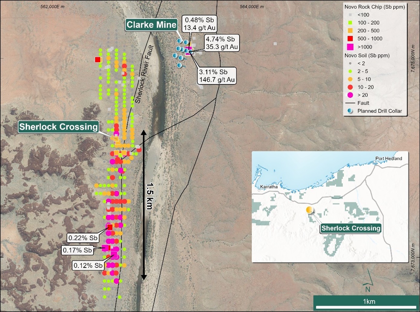 Sherlock Crossing, showing extended soil anomaly > 10 ppm Sb to the SW of the proposed first pass drilling area at the Clarke Mine.