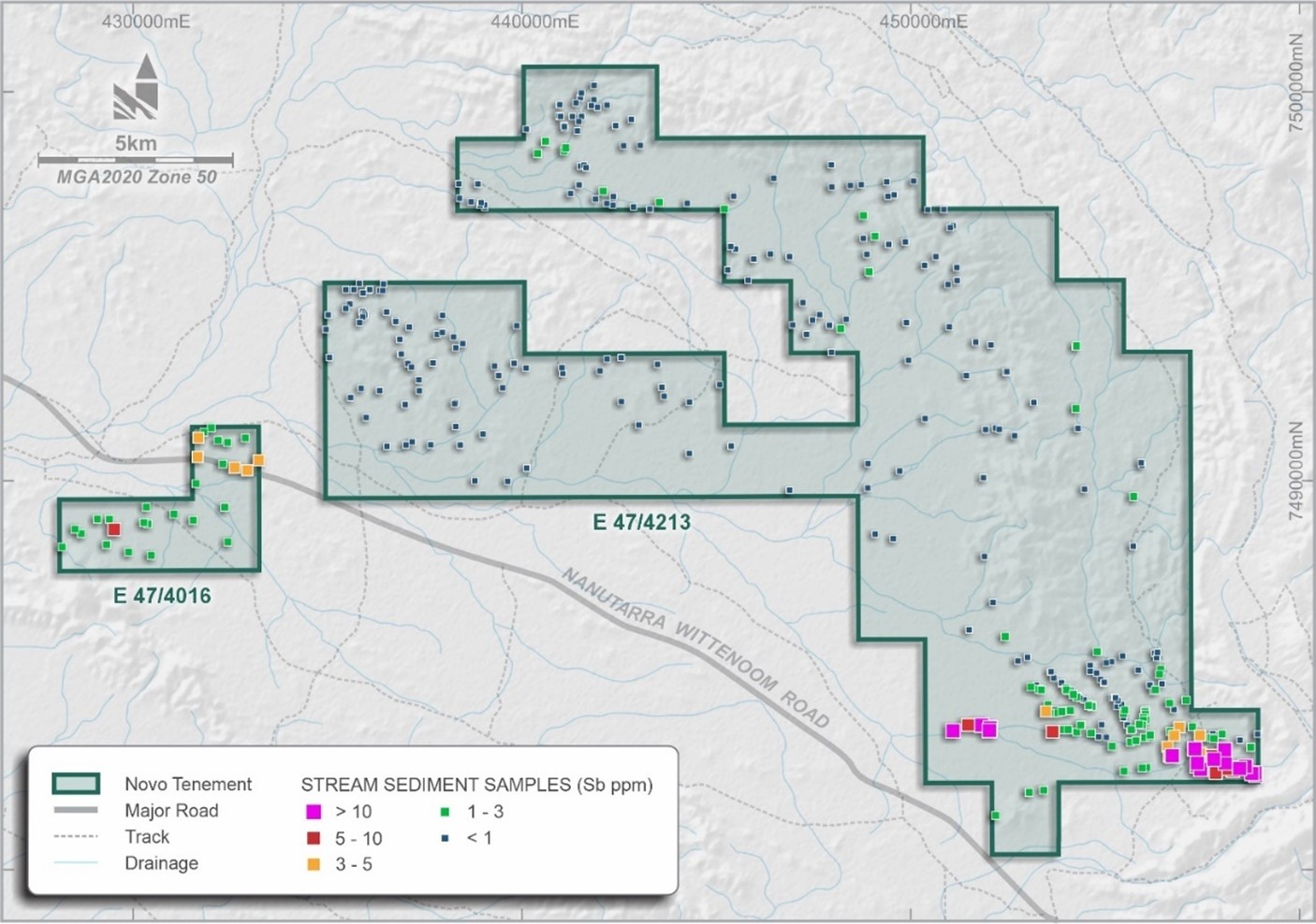 Wyloo tenure showing high order stream sediment antimony anomalies.