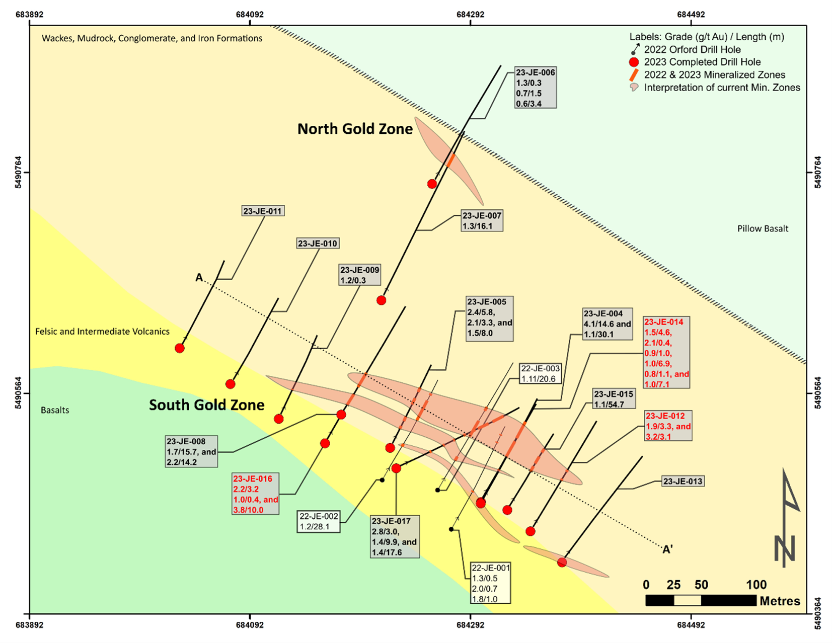 Joutel North West South Gold zone and North Gold Zone Drilling plan map