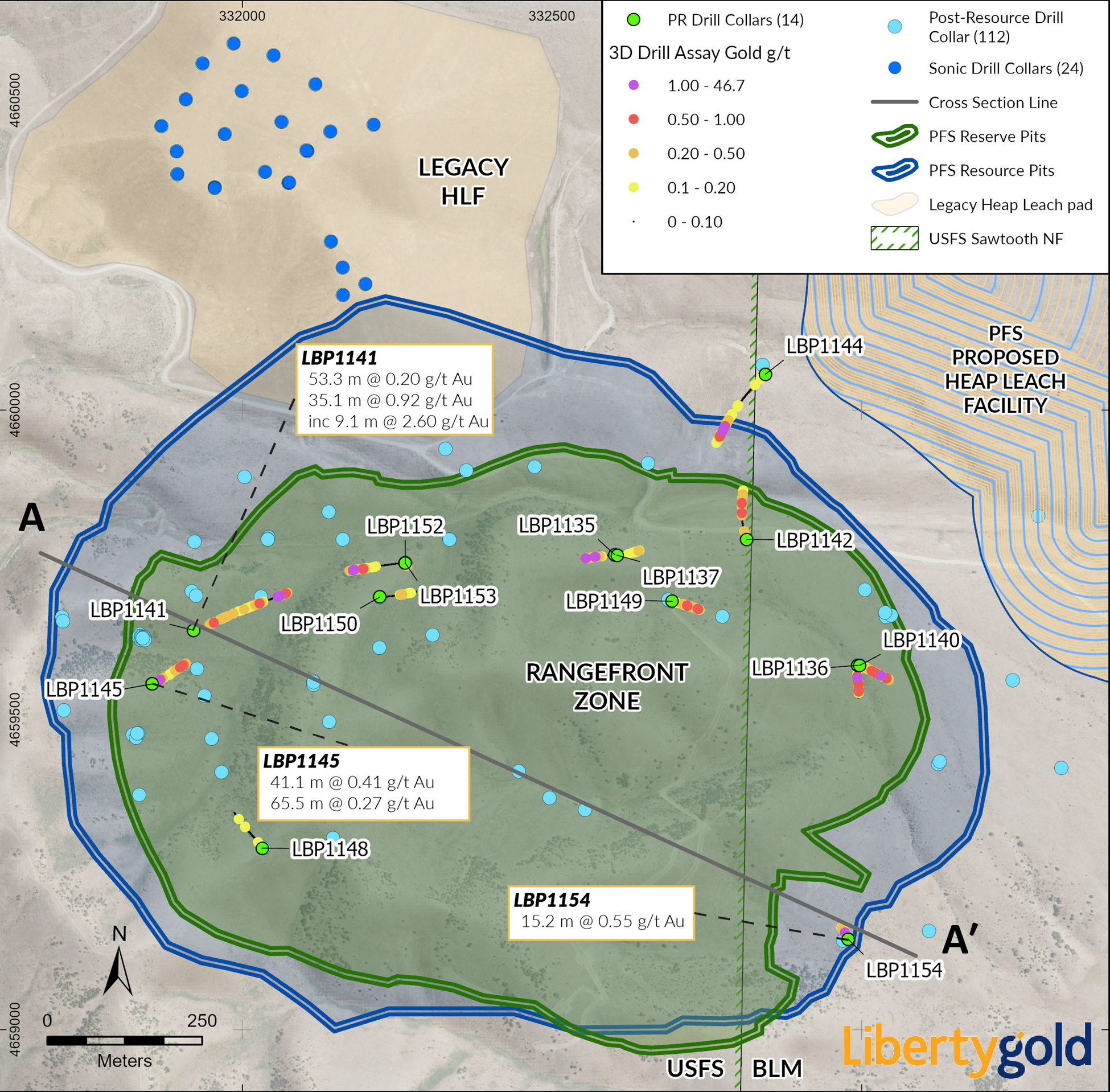 Plan Map of the Rangefront Area with current drill holes