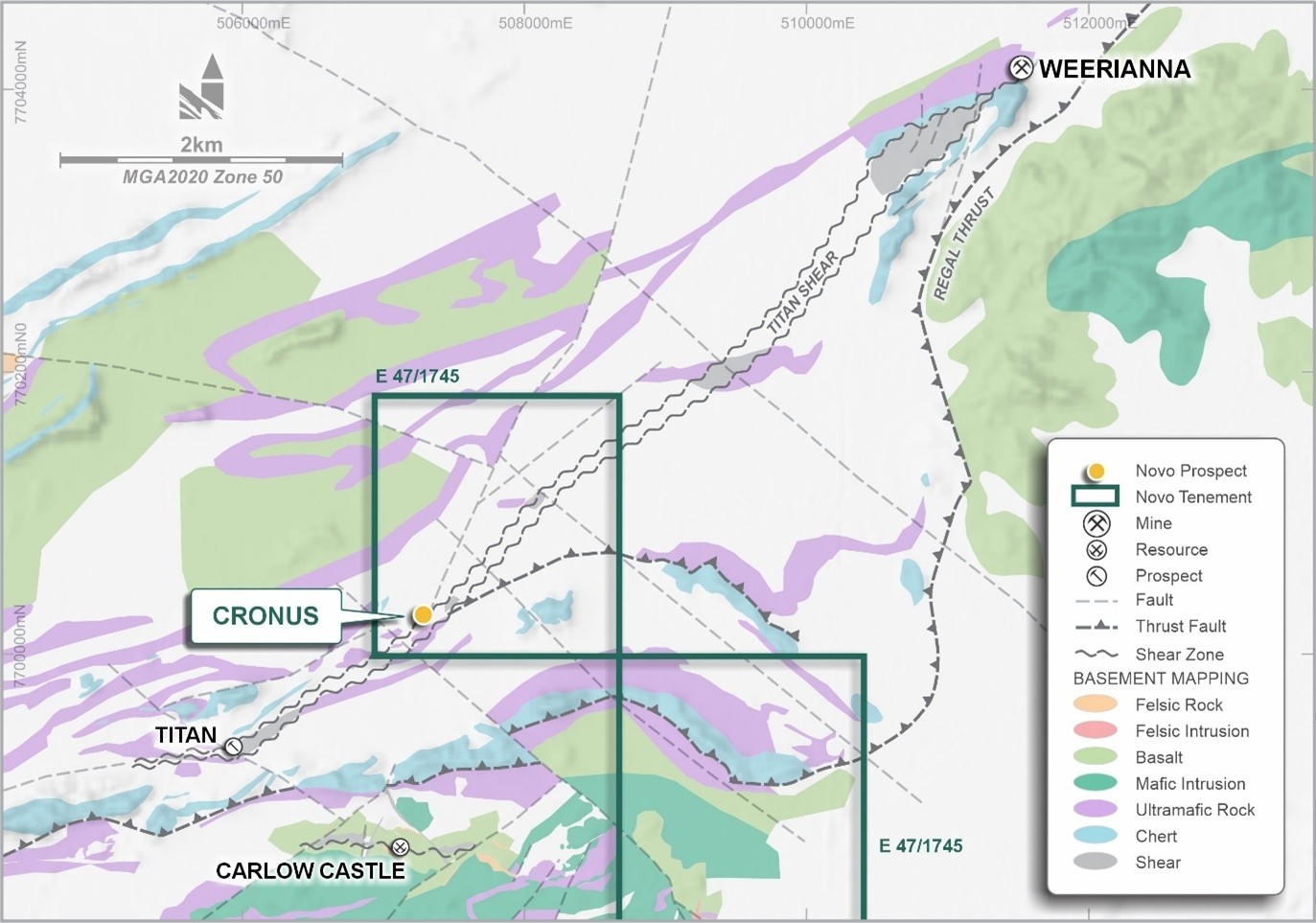Cronus Gold Prospect tenure showing the regional setting of the Titan shear zone and the Titan and Weerianna deposits.