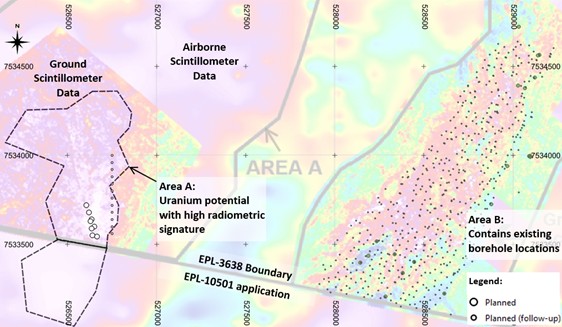 Namibplaas ground scintillometer survey superimposed onto aerial radiometric imagery. (Historic drillholes are shown as small dots, 2023 drilling as larger blue dots and planned holes over Anomaly A as white dots)