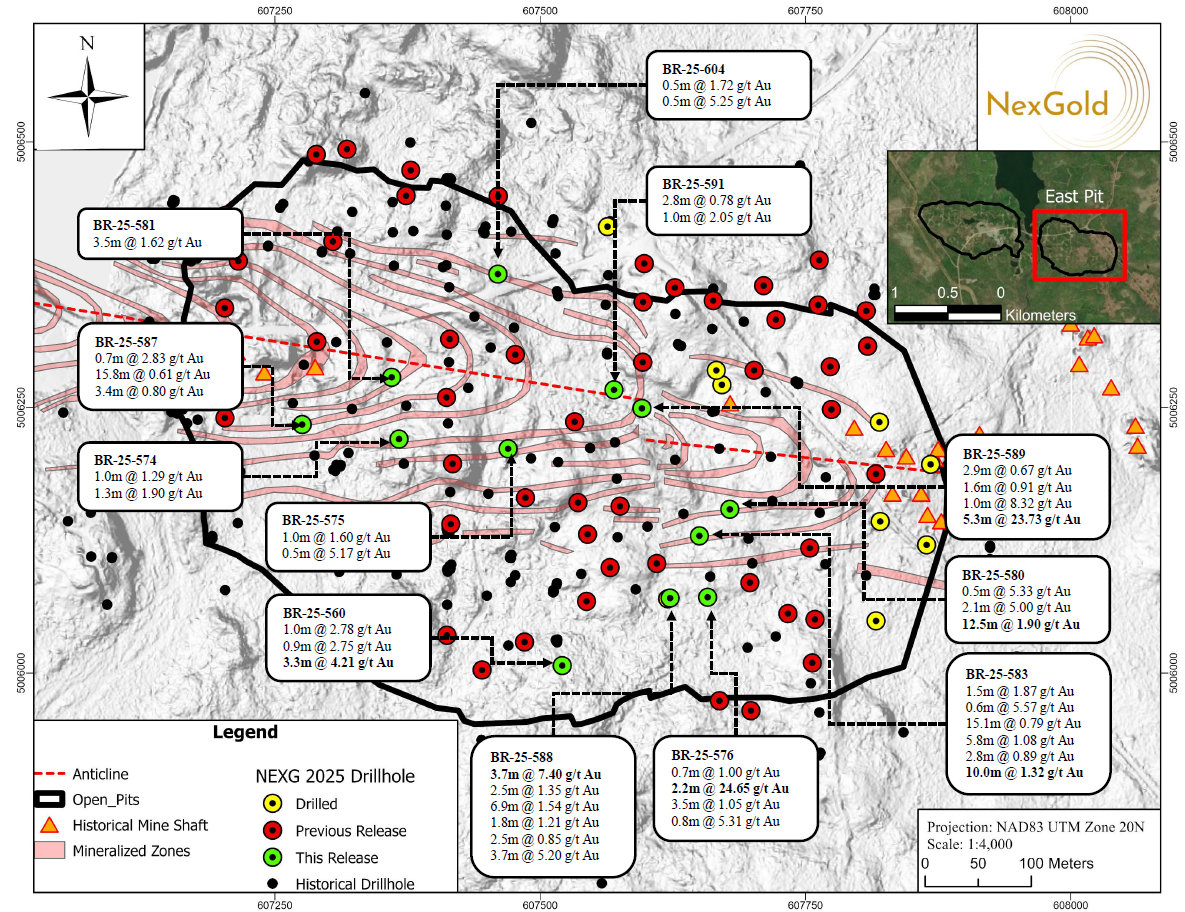 Plan map showing the location of diamond drill holes BR-25-560, 574 to 576, 580, 581, 583, 587 to 589, 591 and 604 along with highlights’ assays in the proposed East Pit, Goldboro Gold Deposit