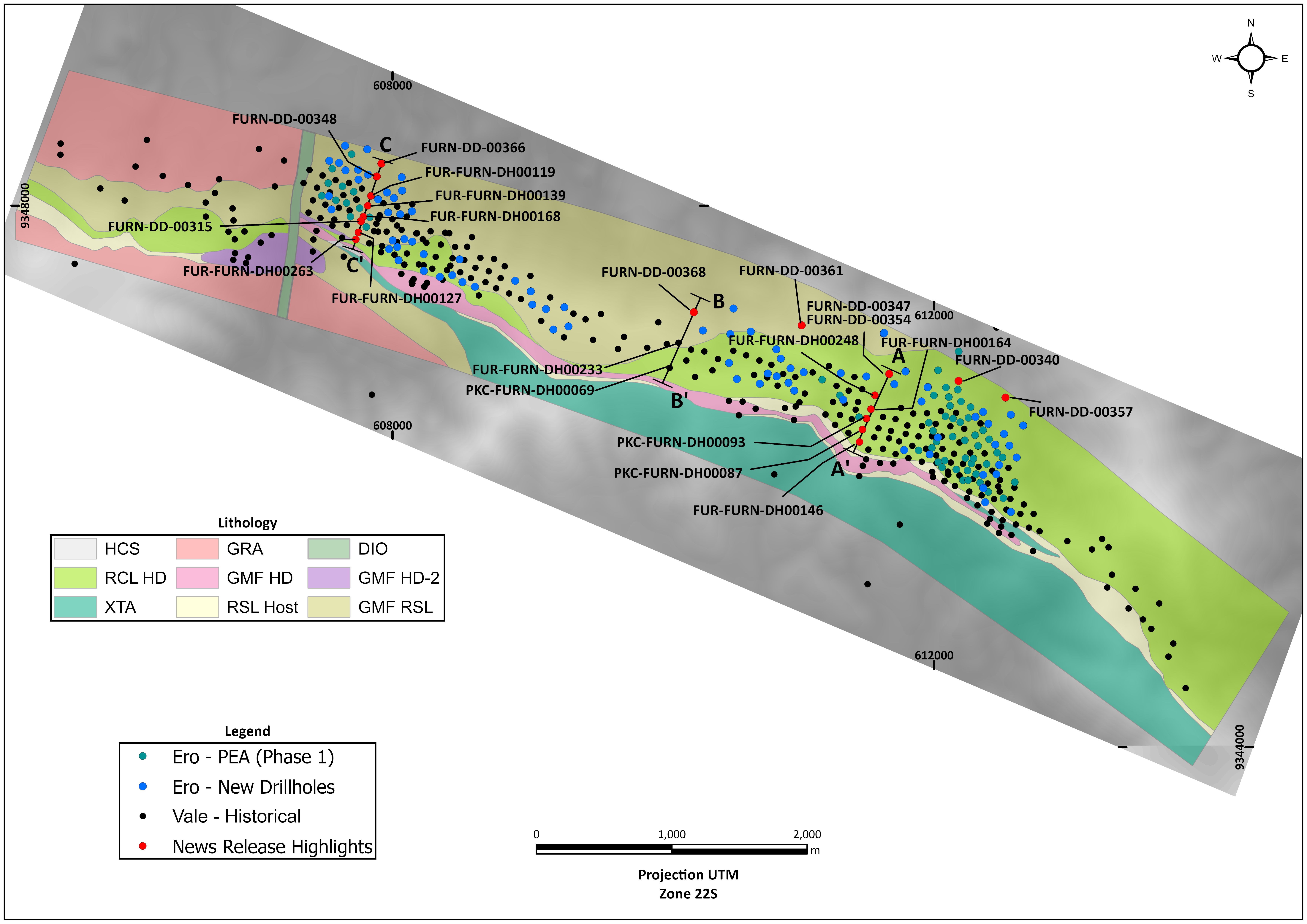 Figure 1 - Furnas Geology Plan View Map, including drill collar locations.