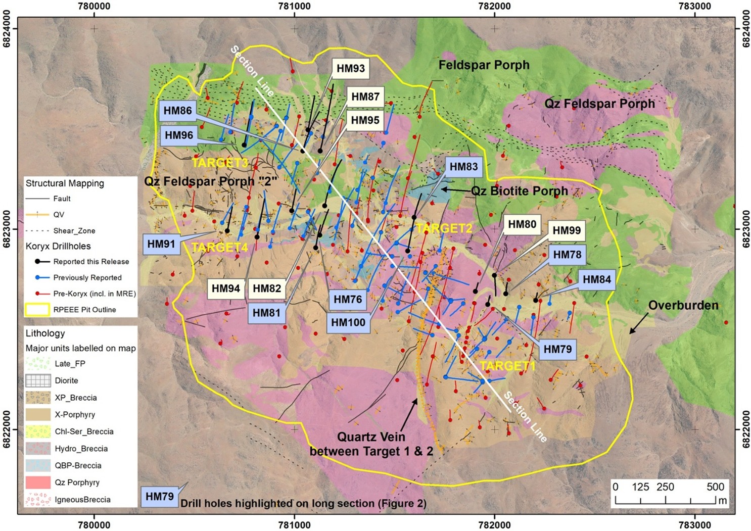 Plan view indicating the seventeen recent drill hole locations. The holes indicated in blue are shown on the long section below