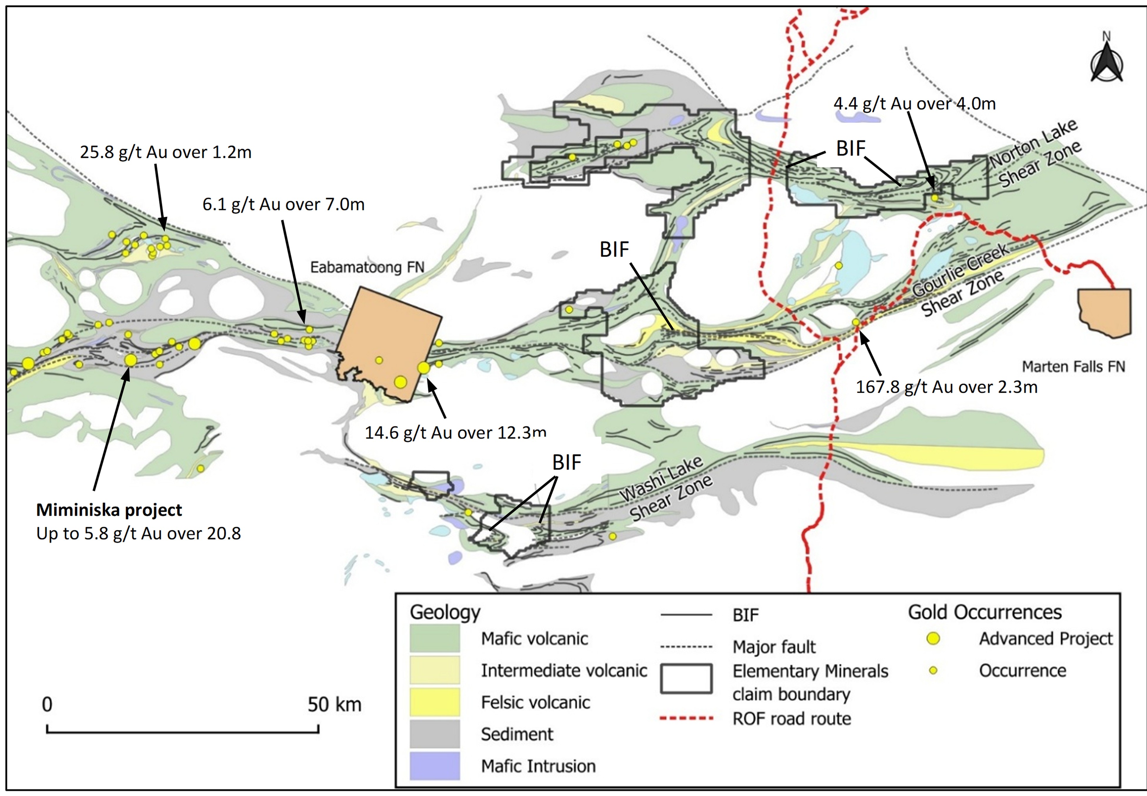 Map of the Watson Project showing the location of the Ring of Fire Road, gold occurrences, major shear zones and banded iron formation.