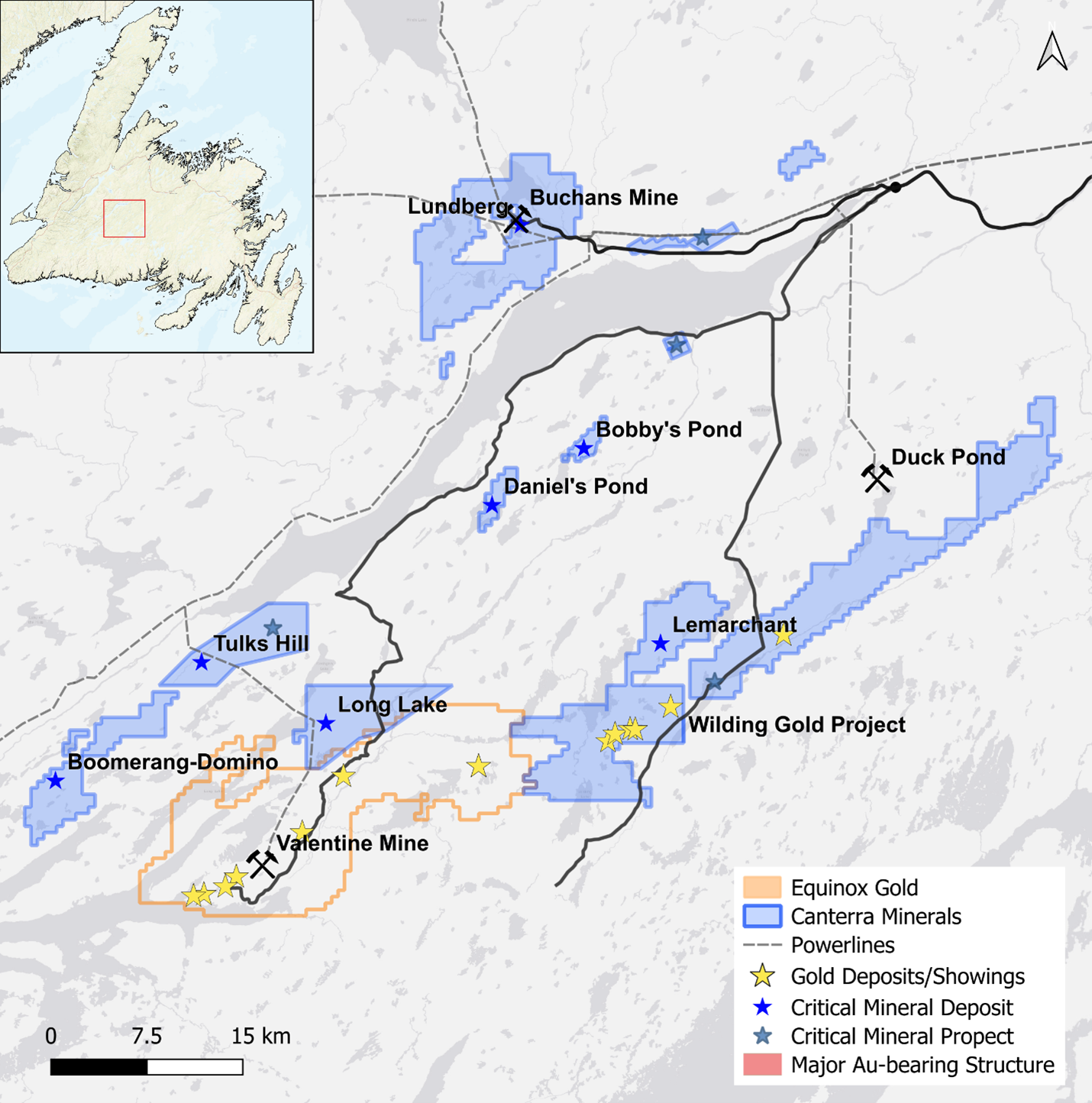 Map of Canterra’s Central Newfoundland Mining District properties.