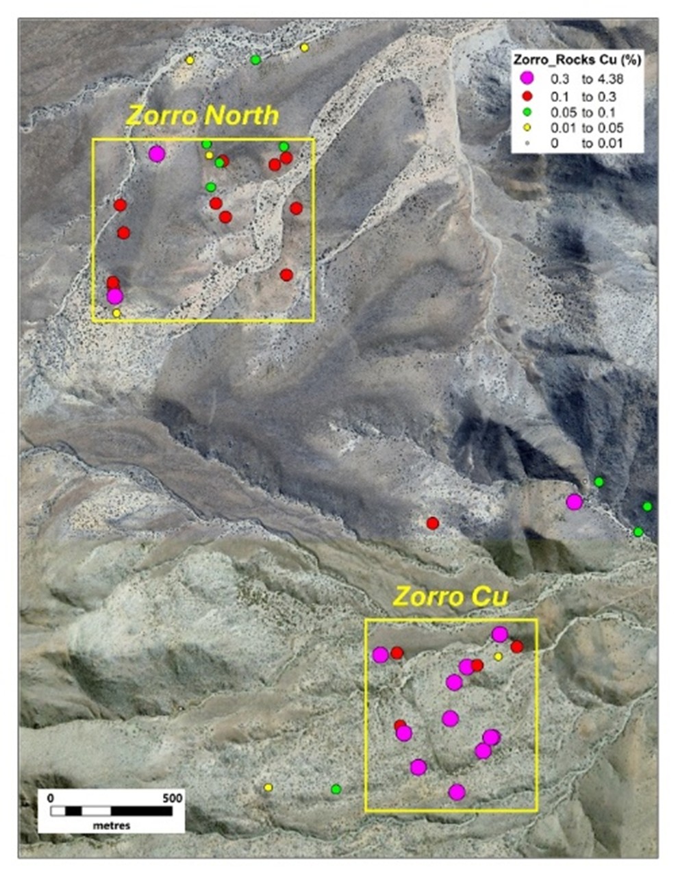 Location of Zorro North with respect to the Zorro Cu target. Chip sample locations indicated with results in % Cu.