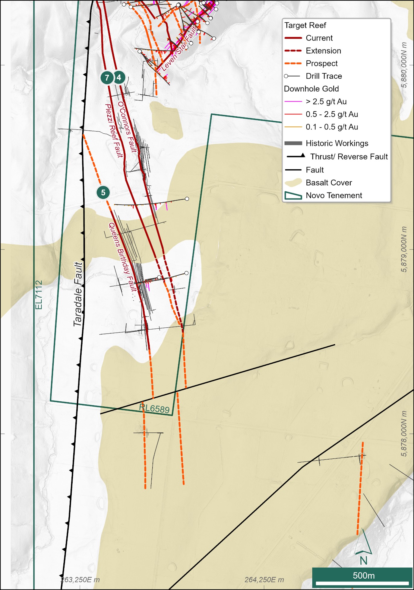 Location map for the southern 2026 Exploration Target reefs labelled #1 through #8. Refer to Table 4 for characteristics of individual reefs and Table 2 for breakdown of the 2026 Exploration Target per reef. For a full list of all significant >2 m.g/t Auc intercepts with corresponding drill collar details and location map refer to Appendices 1, 2 and 3.