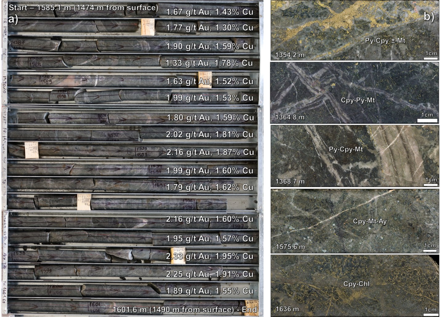 Images showing (a) the core photos from hole EX_BRESPO_03 between 1,585.1 m to 1,601.6 m downhole depth, (b) close-up views of porphyry style of mineralization from within the interval. (Cpy – chalcopyrite, Py – pyrite, Chl – chlorite, Ay – anhydrite, Se – sericite, Mt – magnetite).