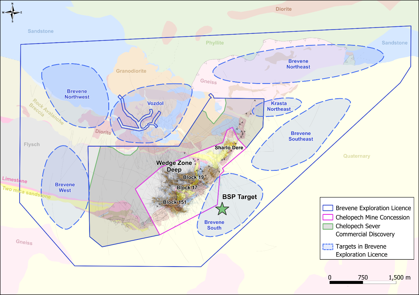 Plan view of the Brevene exploration licence, indicating the location of the BSP target in relation to the Chelopech mine concession as well as additional targets on the Brevene licence.