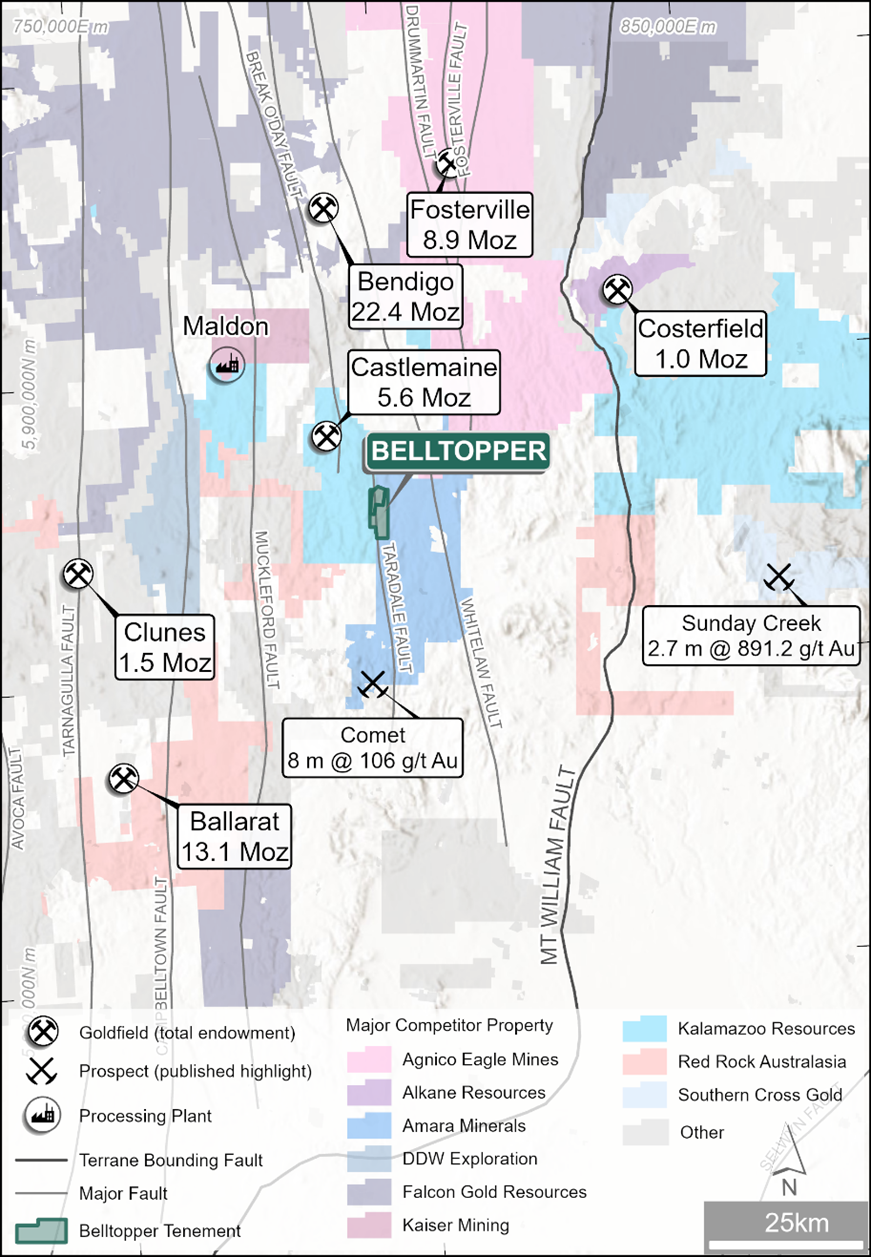 Belltopper Gold Project location map with regional gold occurrences and major structure.