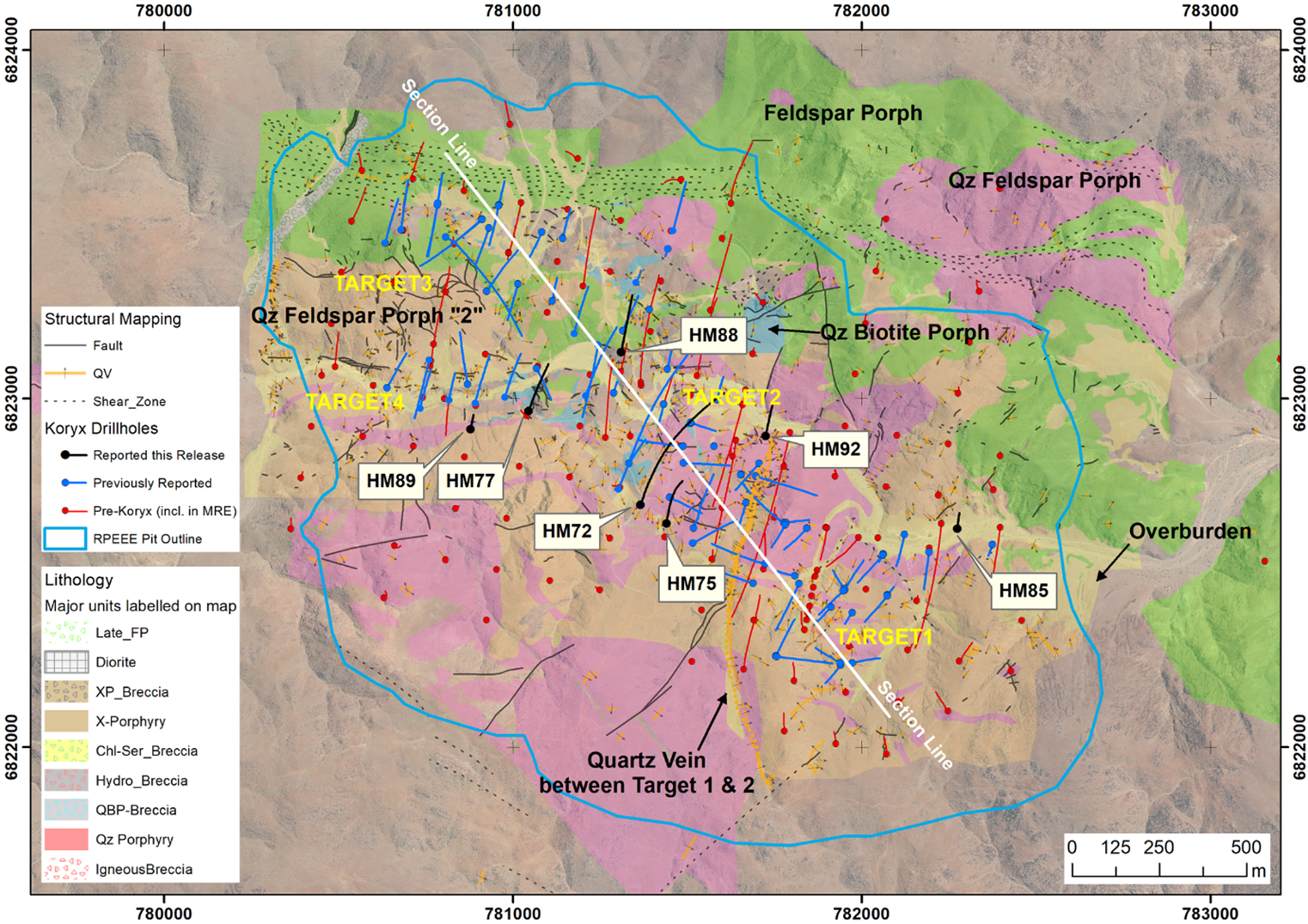 Plan view indicating the seven recent drill hole result locations