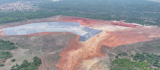 Tailings storage facility showing the extent of lining and main embankment construction (9 May 2025).