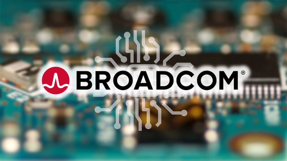 Broadcom logo over a blurred circuit board background.