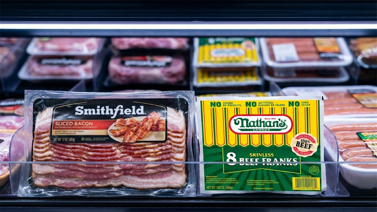 Smithfield bacon and Nathan’s beef franks in a grocery cooler, spotlighting packaged meat and food stocks.
