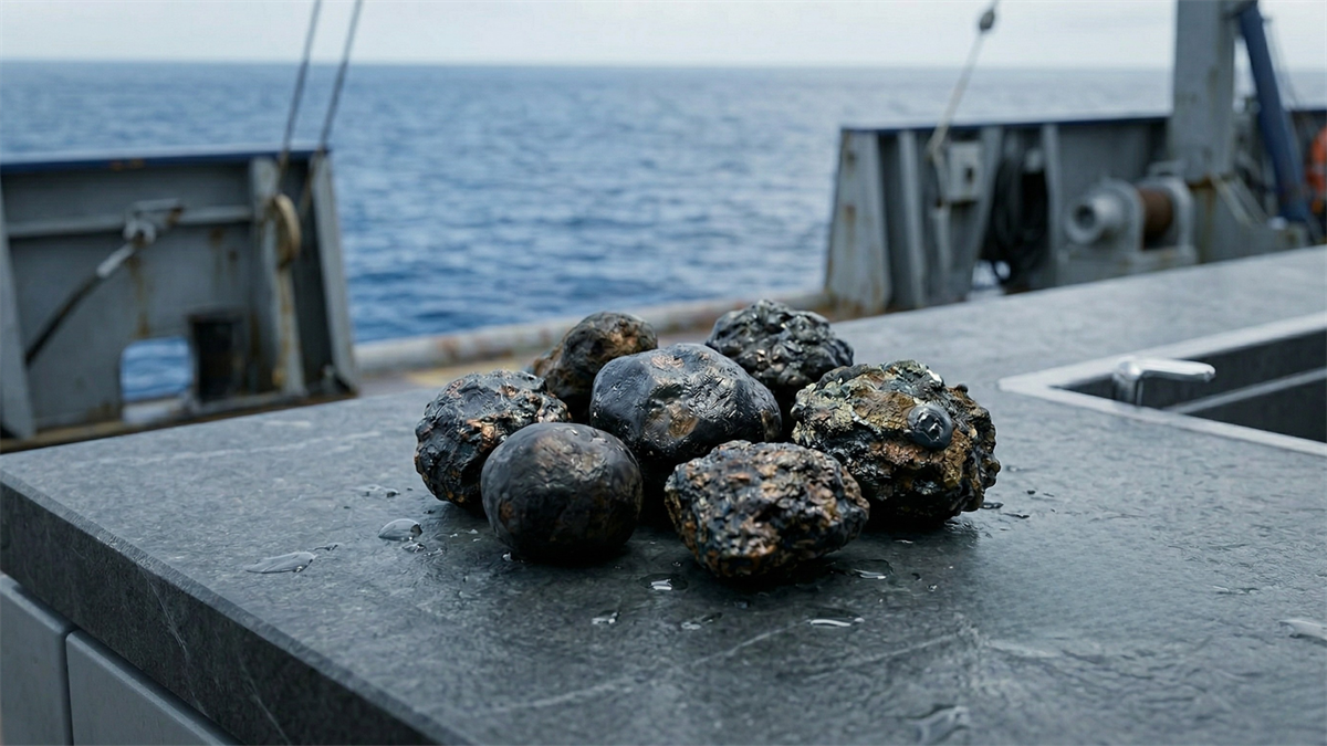 Deep-sea mineral nodules on a ship deck, highlighting The Metals Company’s ocean mining operations for battery metals.