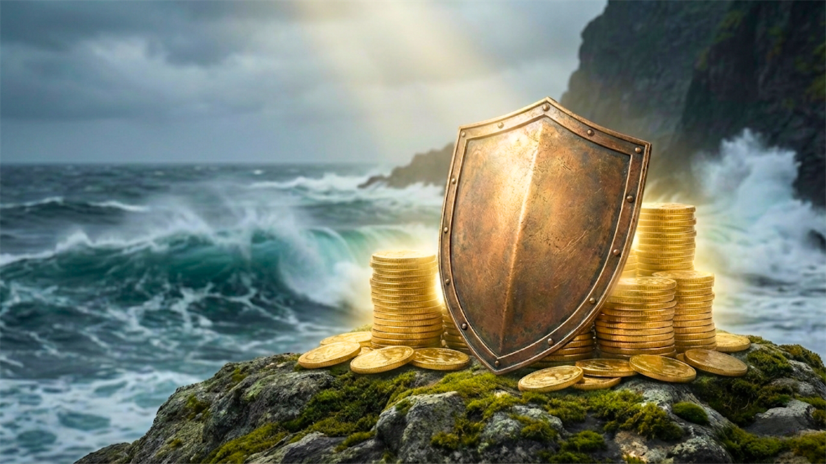 Shield and stacks of gold coins in rough seas, highlighting safe-haven demand and dividend income focus.