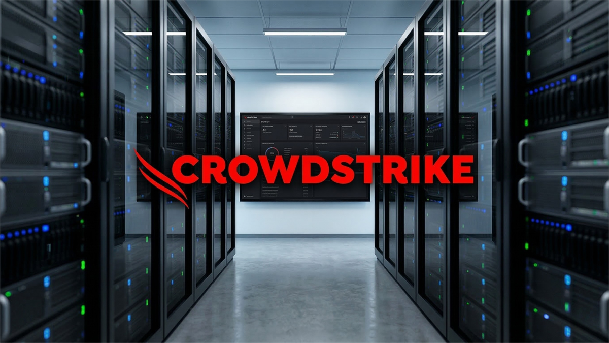 CrowdStrike-branded server room with rows of data center racks and monitoring screens representing cybersecurity infrastructure.