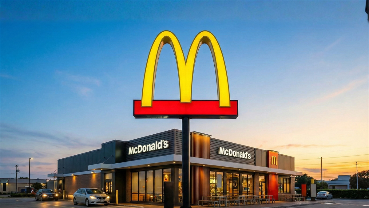 McDonald’s Golden Arches above a modern restaurant at sunset, symbolizing MCD momentum and buybacks.