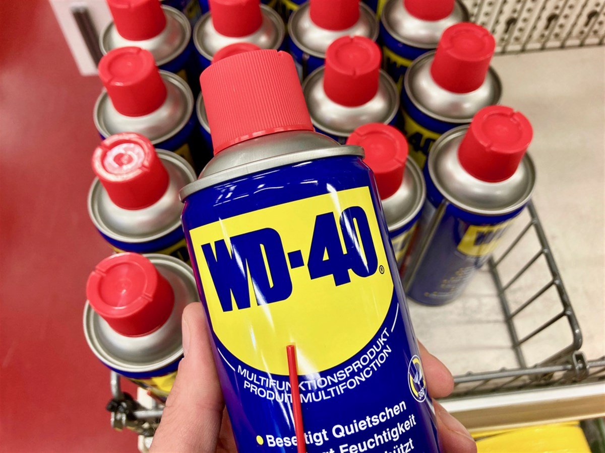 WD-40 lubricant products displayed in a store.