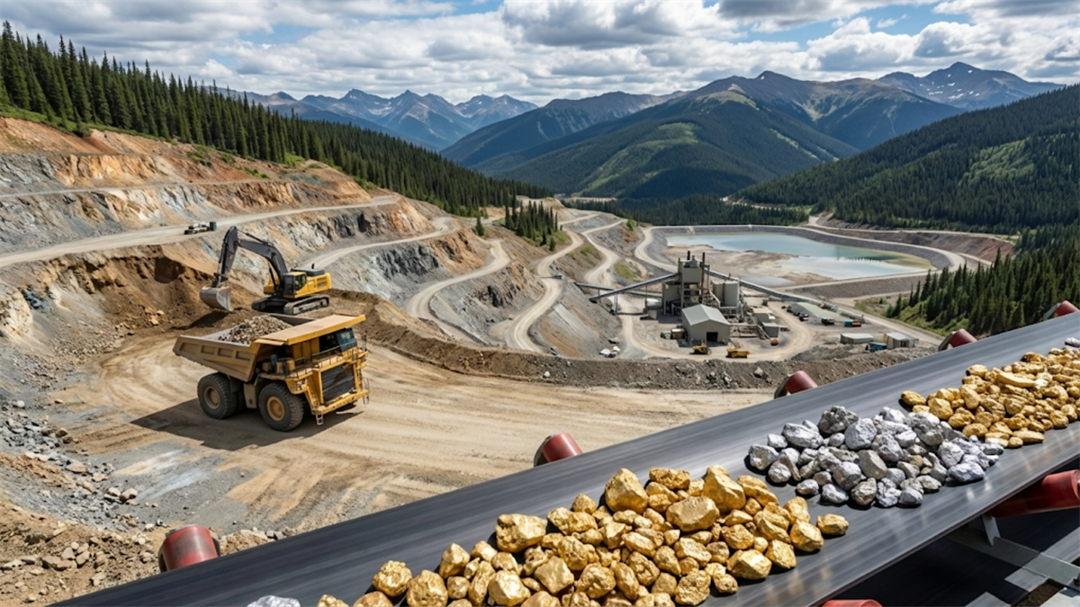 Open-pit mine with haul truck, excavator and conveyor of gold and silver ore, highlighting metals demand.