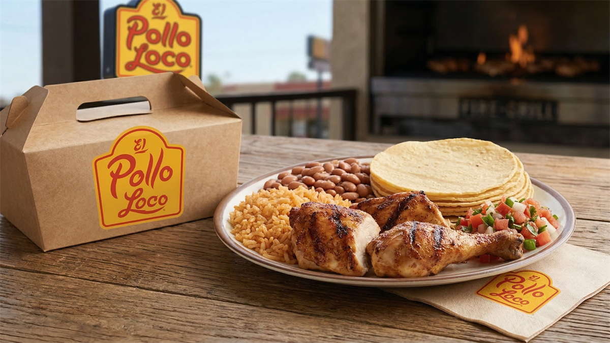 El Pollo Loco grilled chicken meal with rice, beans, tortillas and branded takeout box highlighting fast-casual value dining.