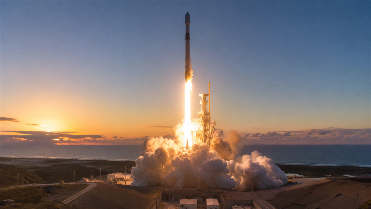 A rocket lifts off from a coastal launch pad at sunset.