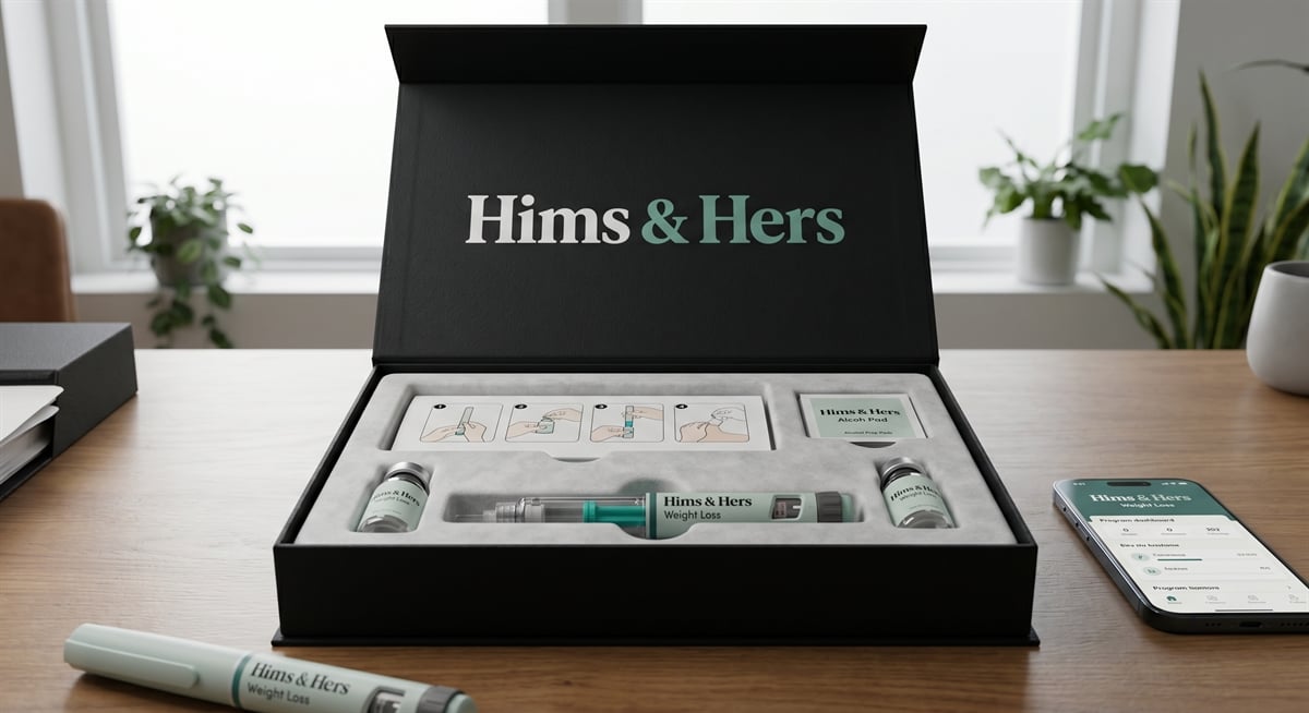 Hims & Hers branded weight loss kit open on a desk beside a smartphone displaying the Hims & Hers app.