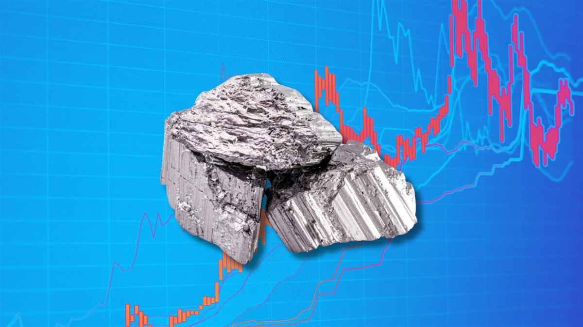 Rare earth in front of rising stock chart.