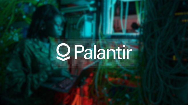 Palantir-branded interface over a dimly lit server room, with cables, data screens, and an operator at a laptop, highlighting AI-driven defense technology deployment.