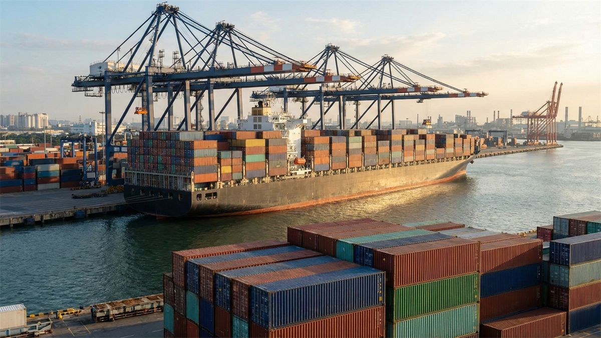 Container ship docked at port with stacked cargo containers and cranes, global shipping industry context