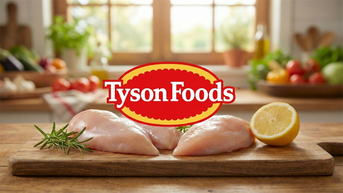 Tyson Foods logo over raw chicken breasts on cutting board, highlighting TSN meat segment demand.