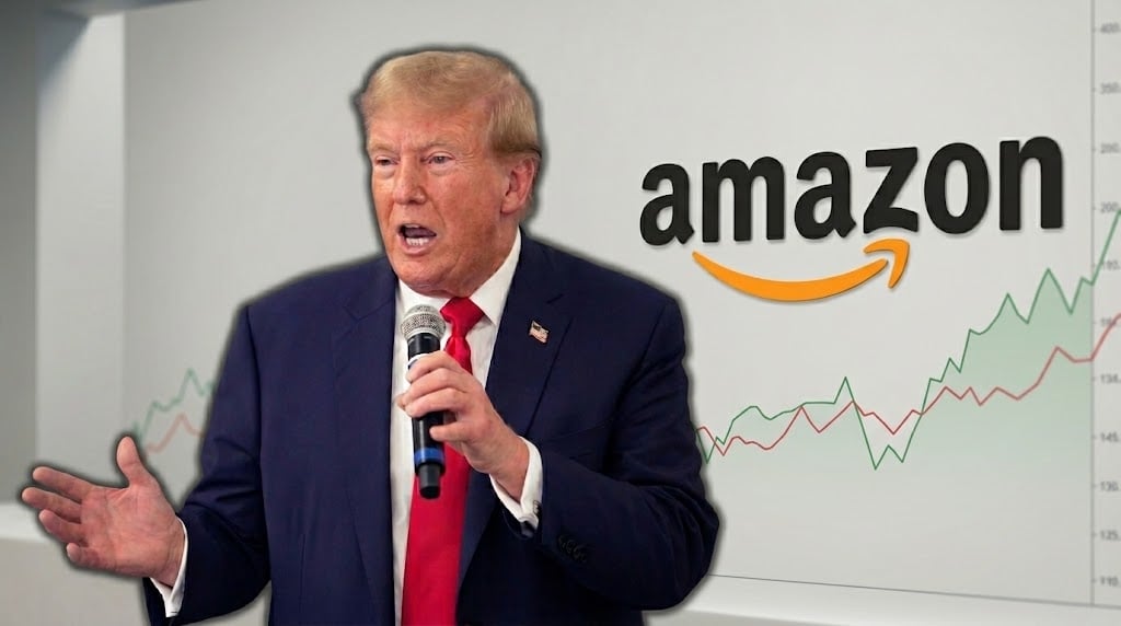 Donald Trump speaks into a microphone alongside the Amazon logo and a rising stock price chart.
