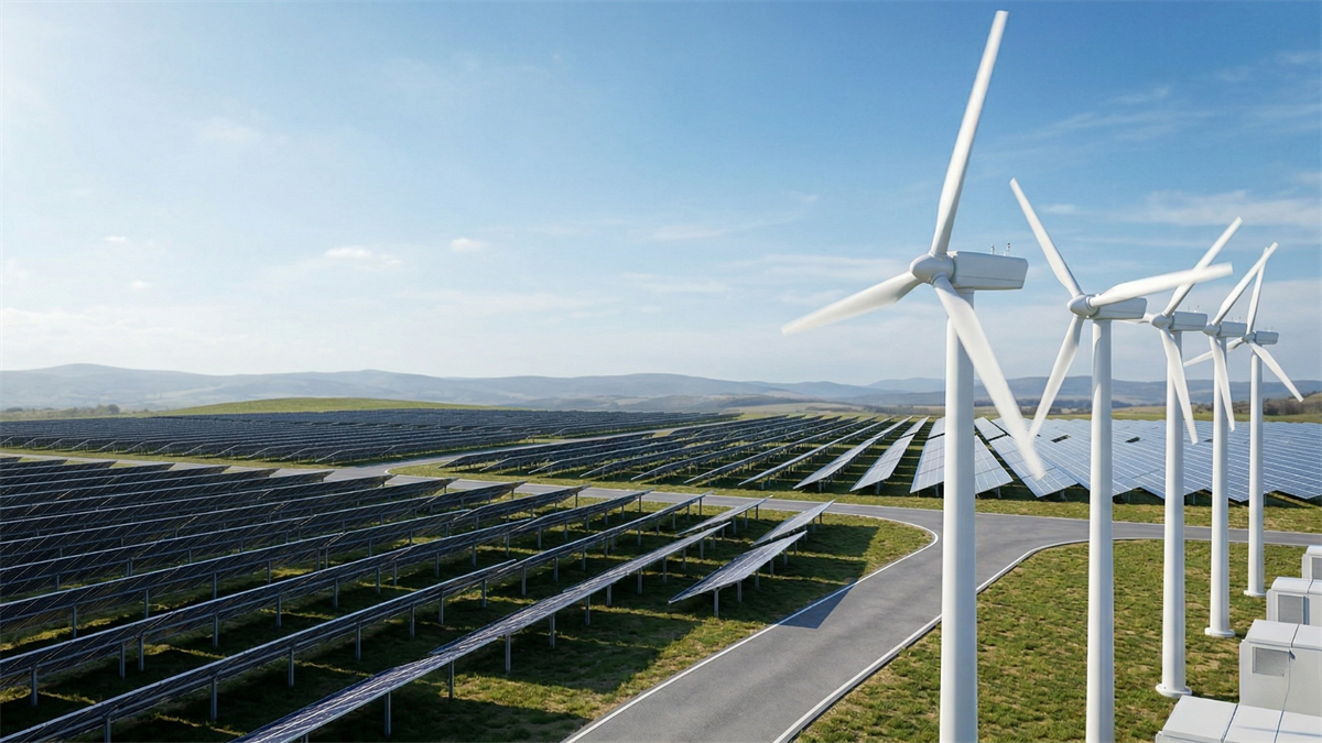 Wind turbines and solar panels at a large renewable energy farm, illustrating growth in clean energy demand and investment momentum.