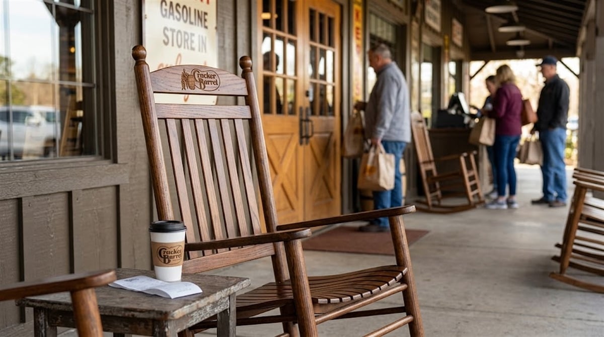 A Cracker Barrel branded rocking chair and coffee cup sit outside a Cracker Barrel store entrance.
