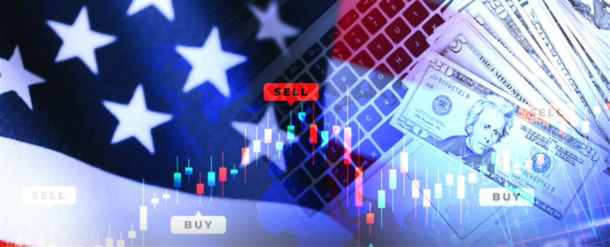 Photo of an American flag, a shock chart, and US dollars