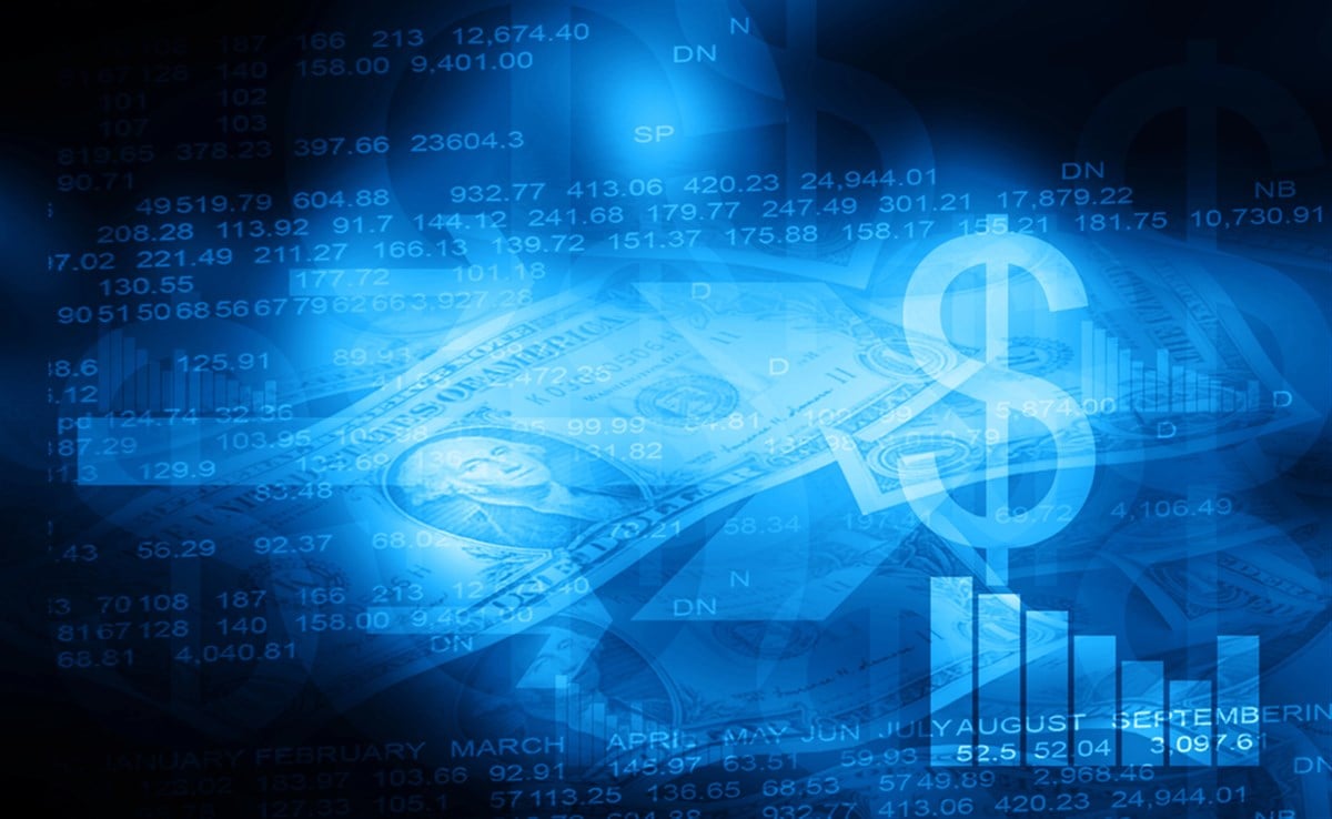 Composite photo of stock data, stock chart, U.S. hundred dollar bill, and dollar sign.