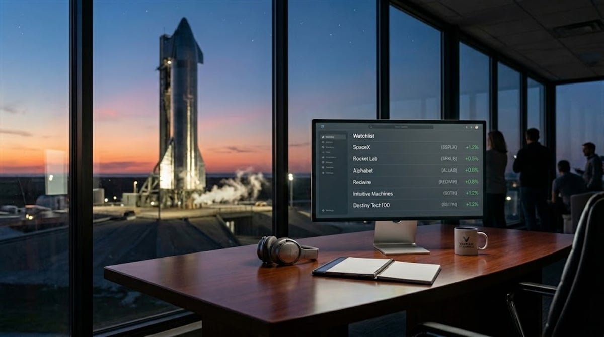 A stock watchlist on a monitor shows SpaceX, Rocket Lab, Alphabet, Redwire, Intuitive Machines, and Destiny Tech100 tickers, with a rocket on a launch pad visible through office windows at dusk.
