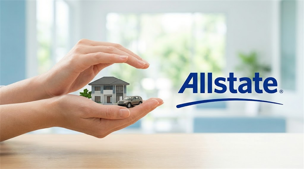 Allstate logo beside cupped hands holding a miniature house and car, representing home and auto insurance.