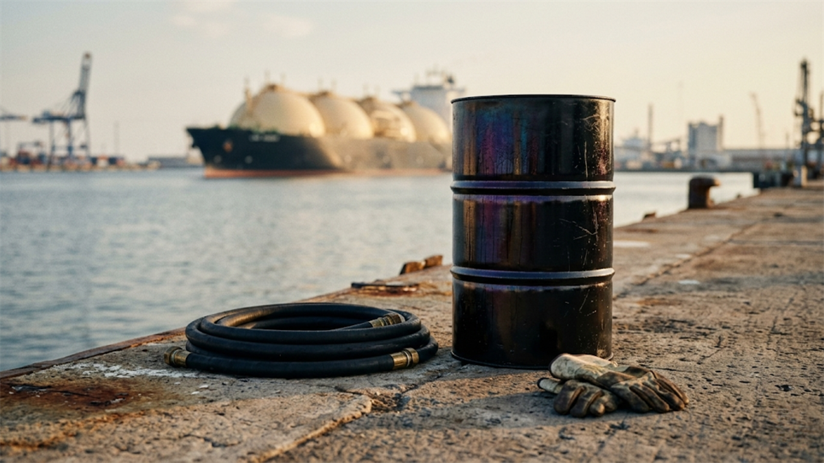 Oil barrel on port dock with LNG tanker in harbor.