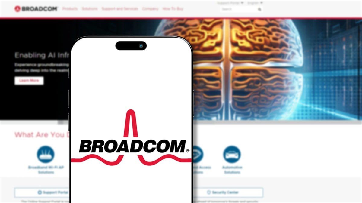 Istanbul, Turkey - 27 March 2024: Broadcom logo on smartphone screen with its website in background.