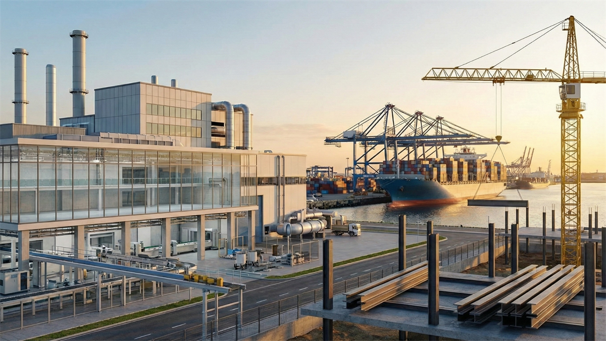 Modern industrial facility beside a busy cargo port, with cranes, container ship, and infrastructure construction symbolizing systemic CapEX growth in industrials.
