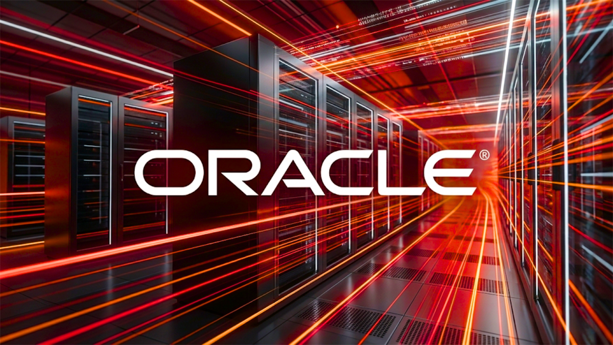 Oracle logo spans a high-speed data center, highlighting cloud infrastructure expansion. 