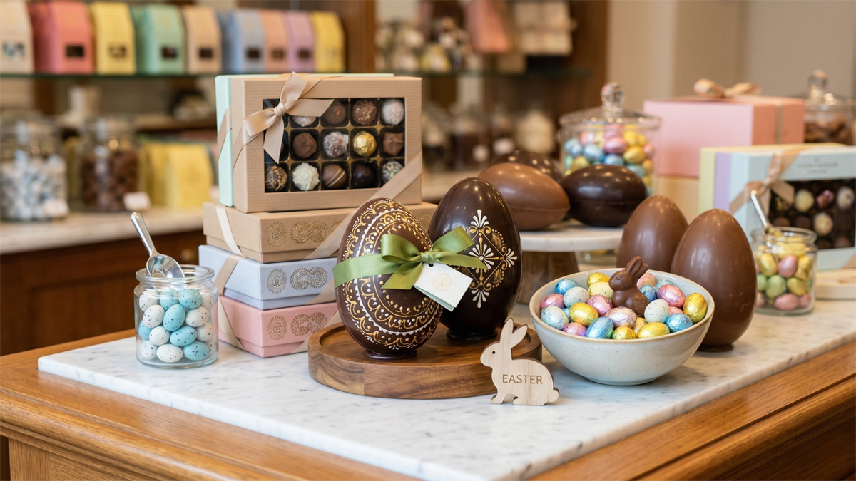 Assorted Easter chocolates and candy display highlights seasonal demand in confectionery industry growth story.